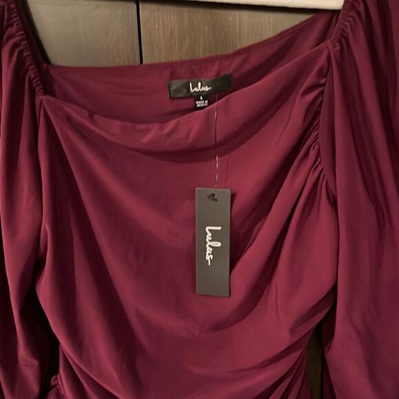 NWT Lulus Anything But Average Plum Purple Ruched Balloon Sleeve Bodysuit Large - Picture 5 of 6